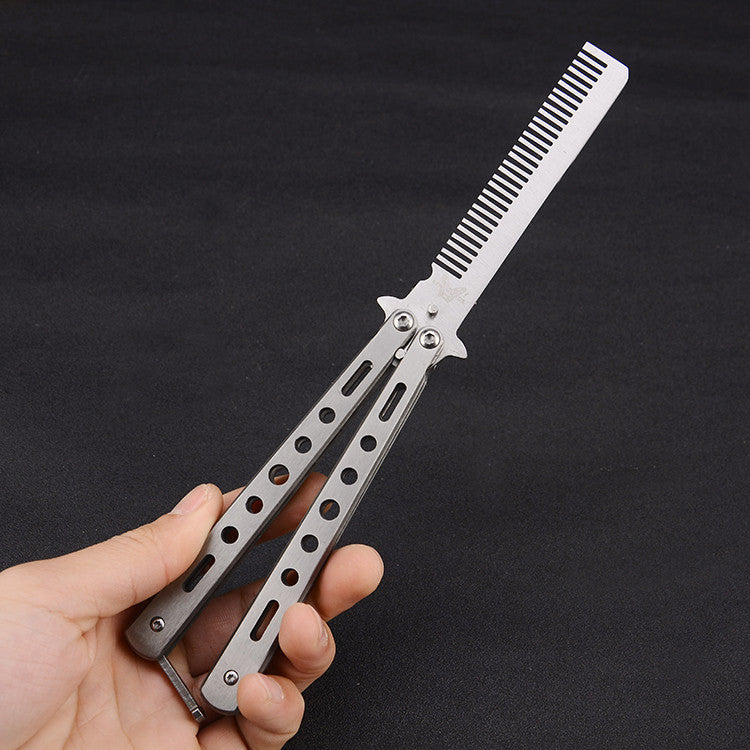 Outdoor Foldable Comb Stainless Steel Practice Training Butterfly Knife Comb Beard Moustache Brushe Salon Hairdressing Hair Styling Tool