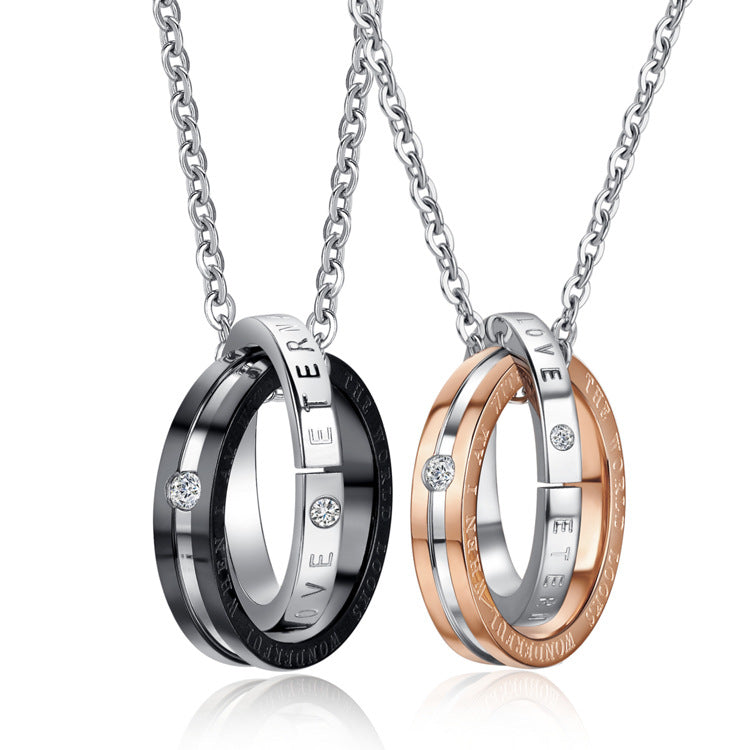 New Rhinestone Double Ring Titanium Steel Couple Necklace