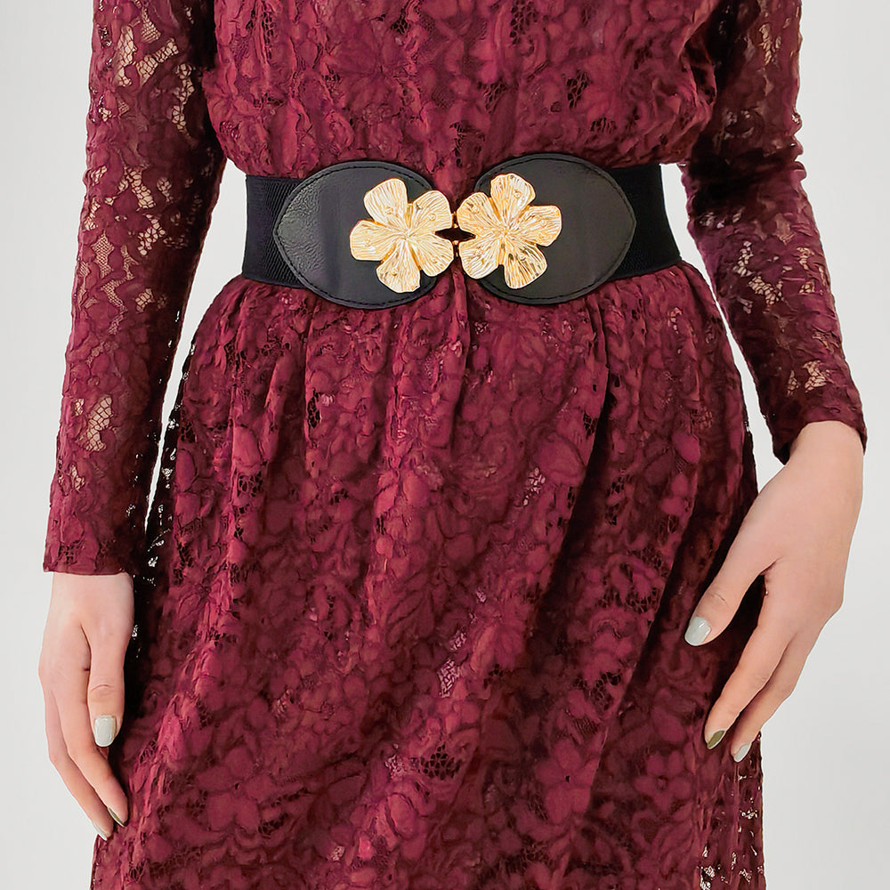 Women's Stretch Elastic Belt Floral Metal Buckle Wide Waist With Coat Skirt