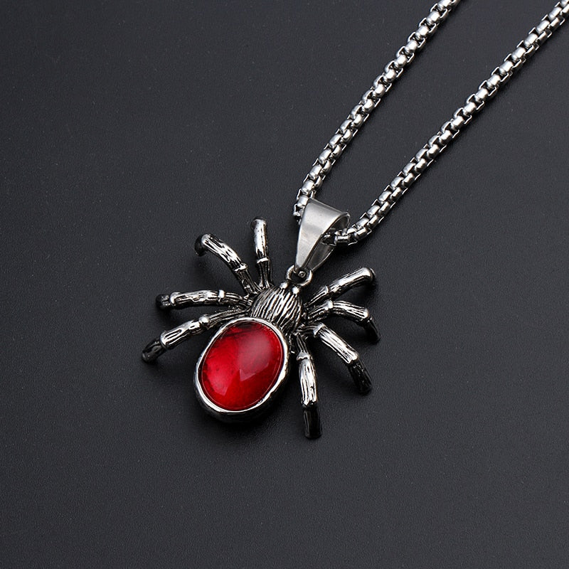 Mens Punk Vintage Retro Black Widow Spider Pendant Necklace Gothic Red Large Crystal Male Biker Goth Jewelry Necklace Men