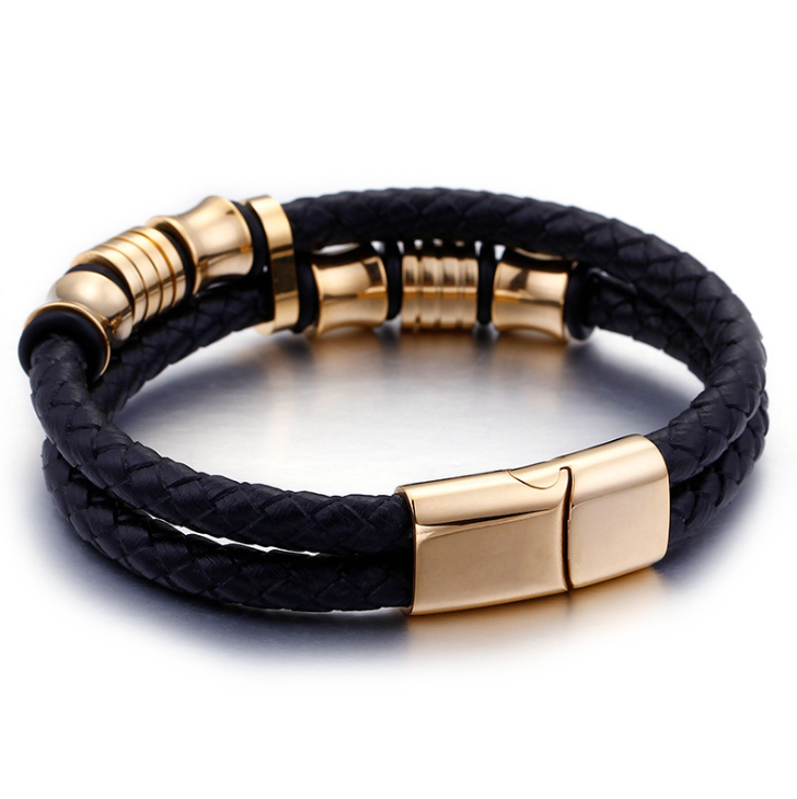 Gold Color Stainless Steel Leather Bracelet Men Black Mens Leather Wrap Bracelets Jewelry Wristband With Magnet Clasp