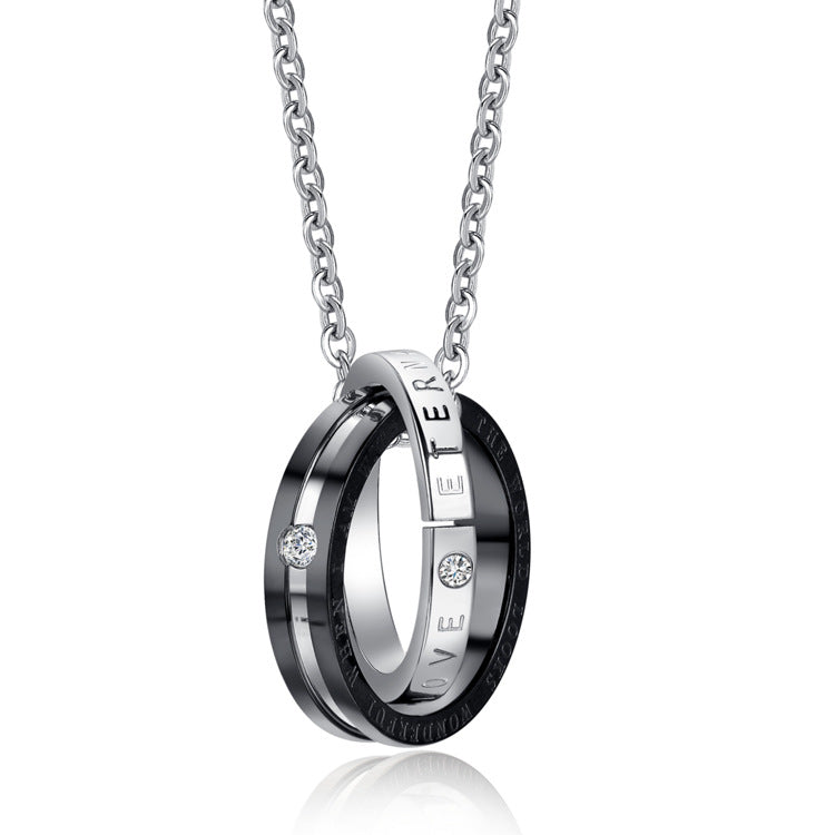 New Rhinestone Double Ring Titanium Steel Couple Necklace