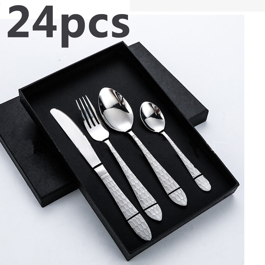 24pc Set Cutlery Set Flatware Stainless Steel Rounded Spoon Edge Dishwasher Safe