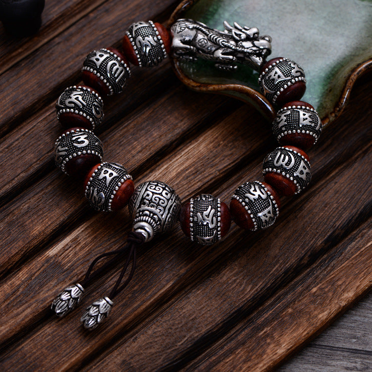 Six-character Mantra Of Pure Silver Retro Lobular Red Sandalwood