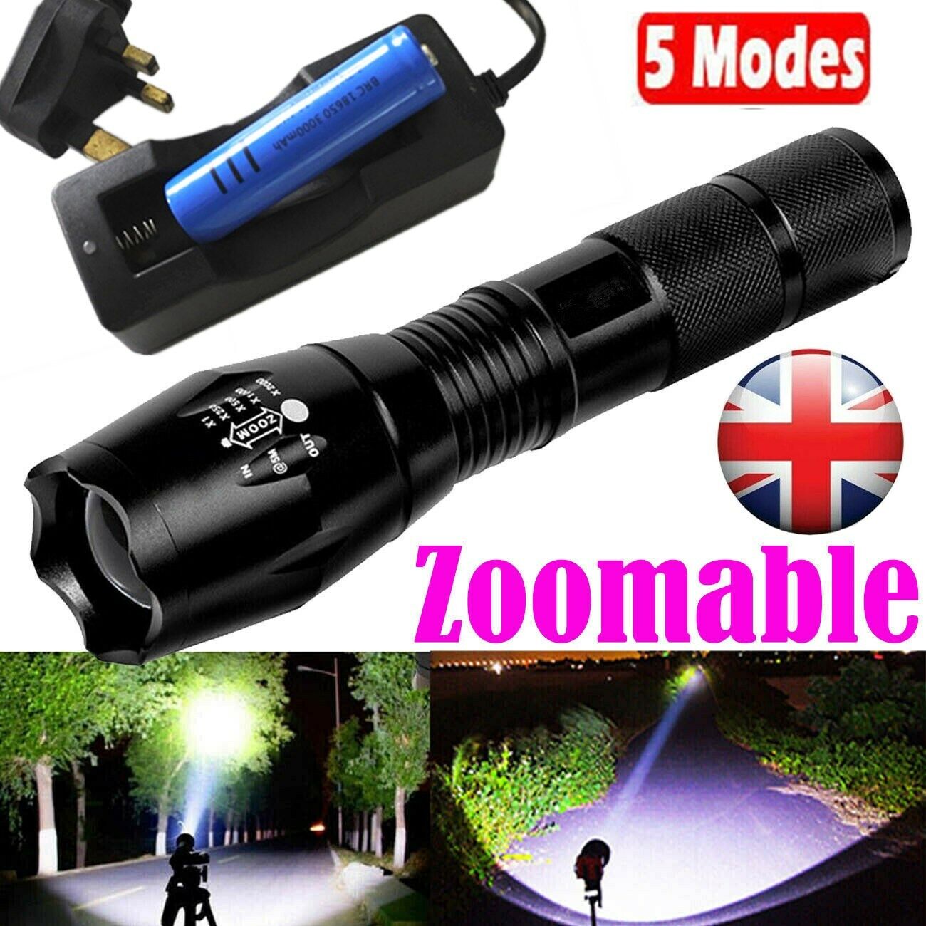 2Set High Power Torch Adjustable Focus LED Flashlight 5 Modes Lamp Batt Char