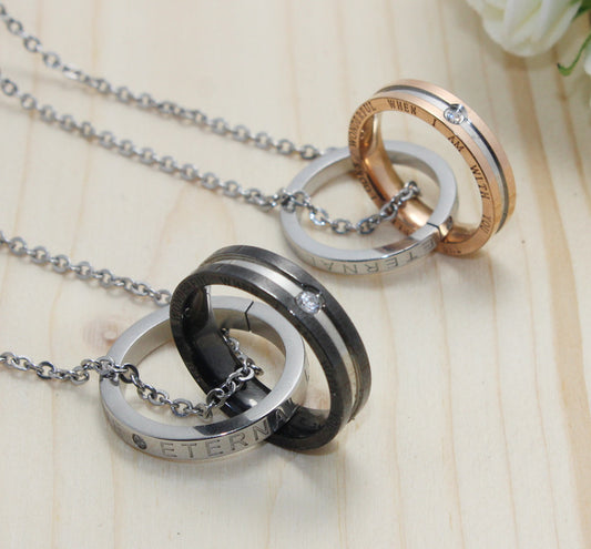 New Rhinestone Double Ring Titanium Steel Couple Necklace