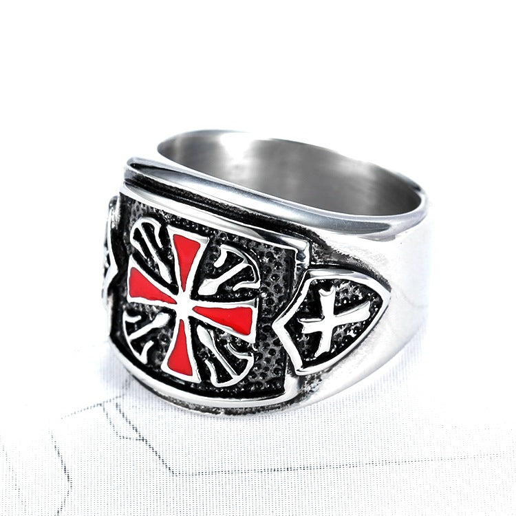 Red Crusaders Cross Shield Stainless Steel Mens Rings Punk Hip Hop