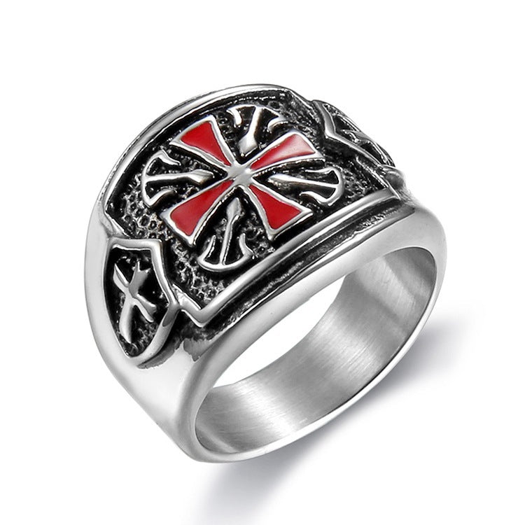 Red Crusaders Cross Shield Stainless Steel Mens Rings Punk Hip Hop