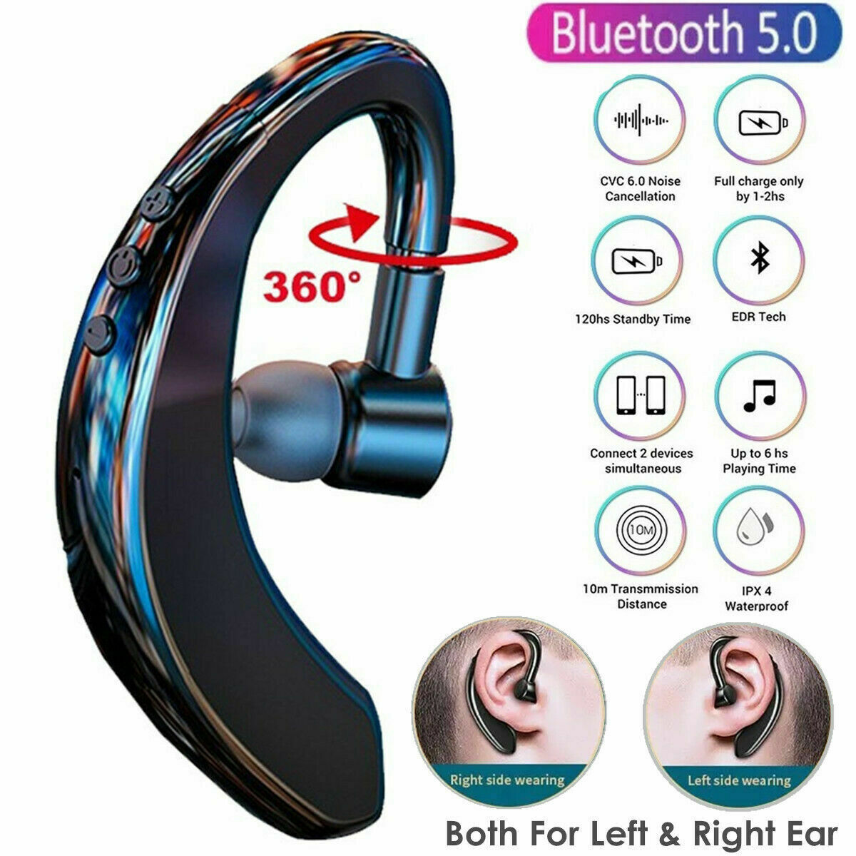 Bluetooth 5.0 Earpiece Driving Trucker Wireless Headset Earbuds Noise Cancelling