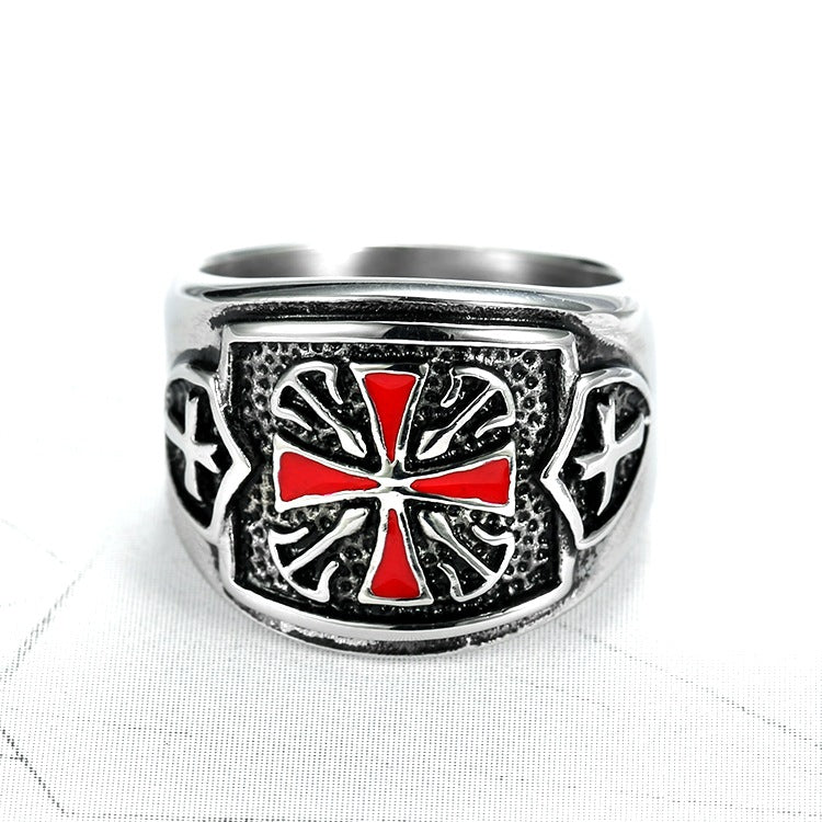 Red Crusaders Cross Shield Stainless Steel Mens Rings Punk Hip Hop