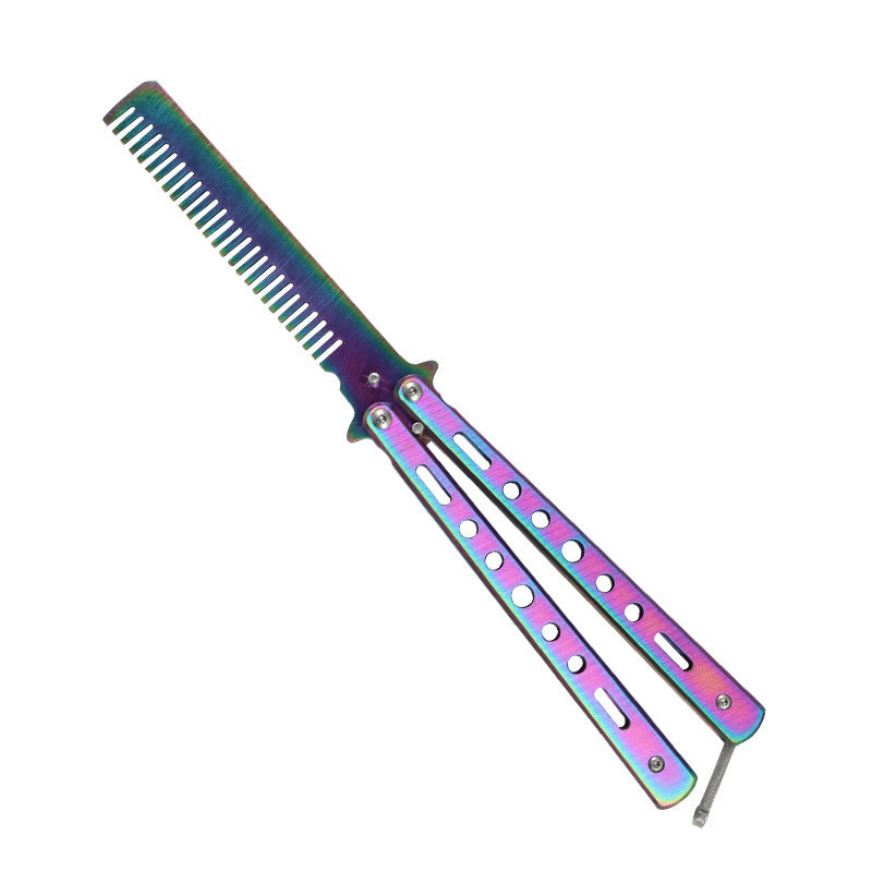 Outdoor Foldable Comb Stainless Steel Practice Training Butterfly Knife Comb Beard Moustache Brushe Salon Hairdressing Hair Styling Tool