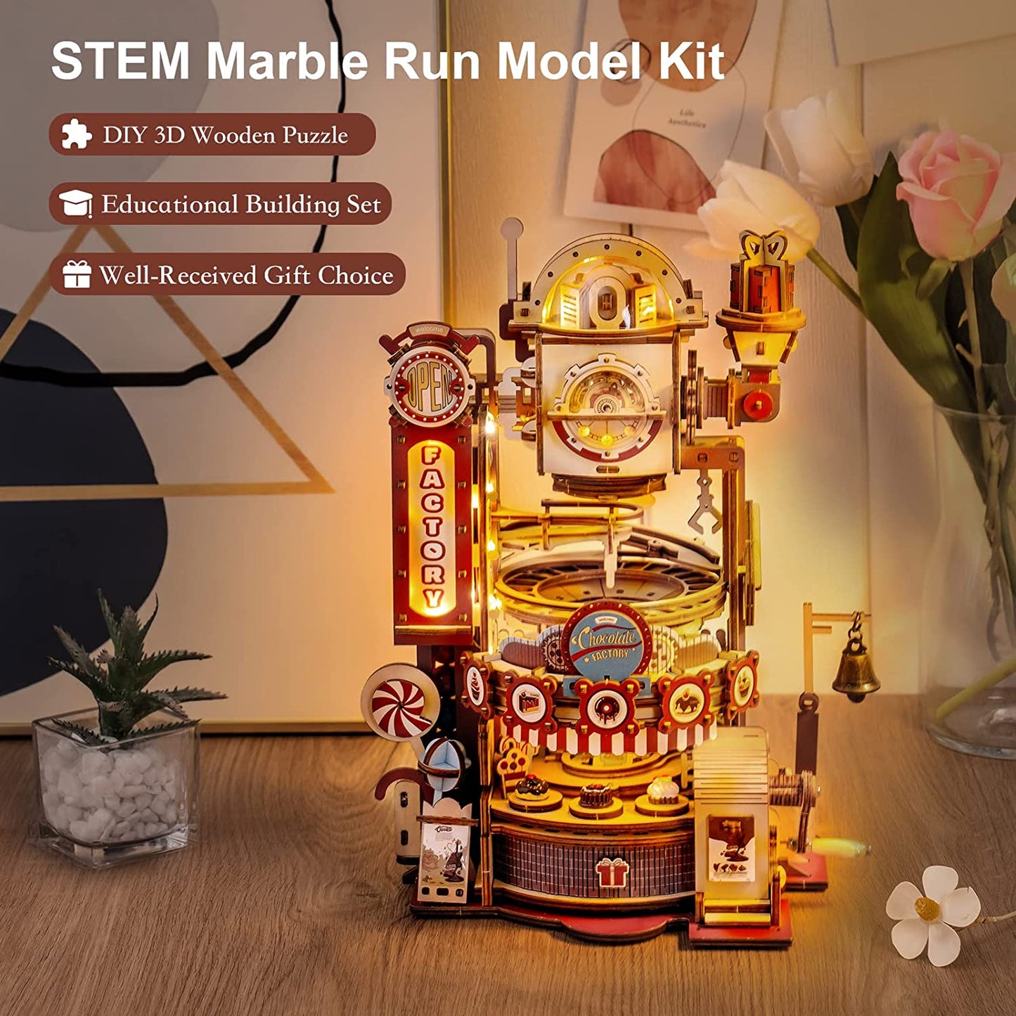 Robotime ROKR Marble Chocolate Factory 3D Wooden Puzzle Games Assembly Model Building Toys For Children Kids Adult Birthday Gift