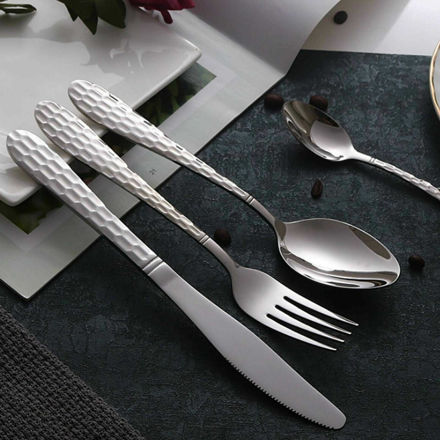 24pc Set Cutlery Set Flatware Stainless Steel Rounded Spoon Edge Dishwasher Safe