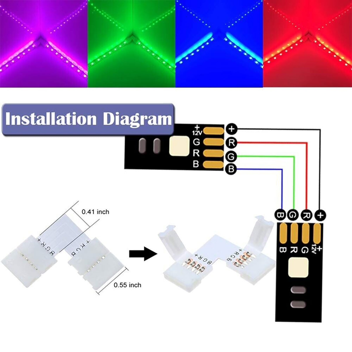 4 Pin  L Shape Connector Straight Connector Adapter For 5050 LED Strip Light